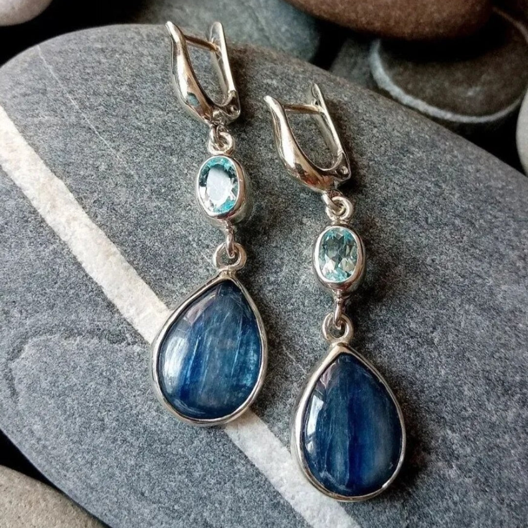Gold Plated Blue Stone Oval Drop Earring For Women