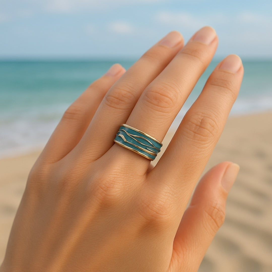 Blue Enamel Dune Gold Ring