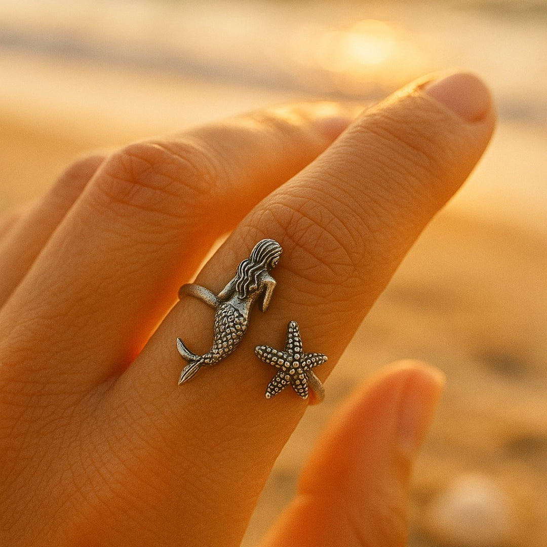 Adjustable Mermaid Starfish Silver Ring