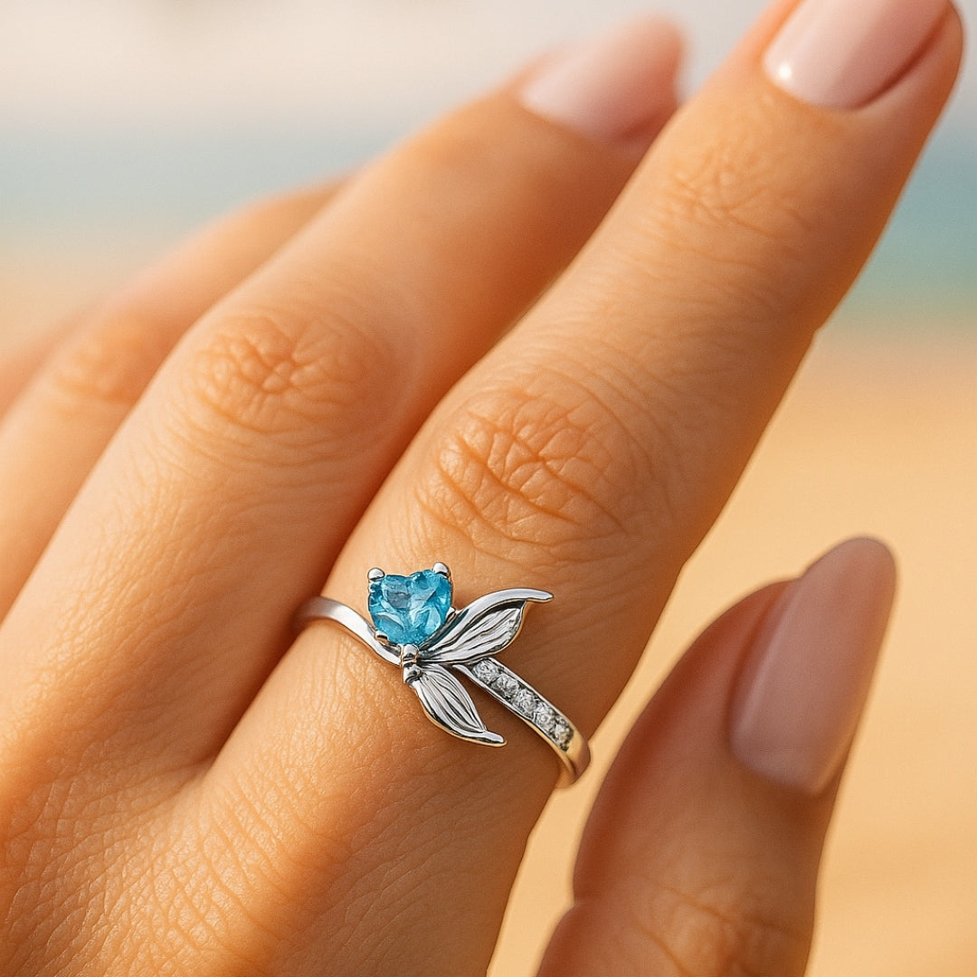 Adjustable Opal Tail Heart Silver Ring