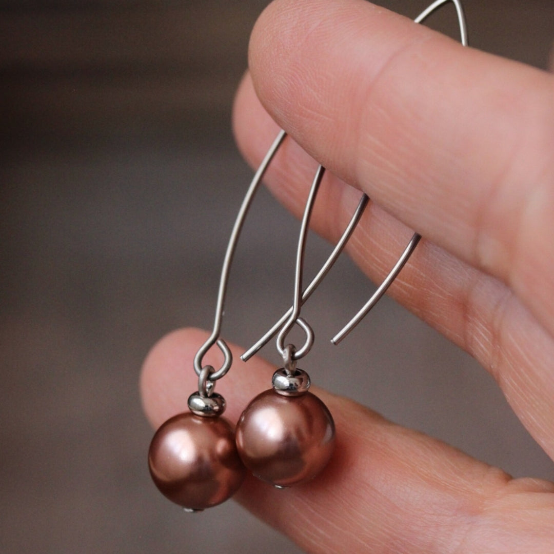 Bronze Plated Pearl Dangle Earrings in Silver