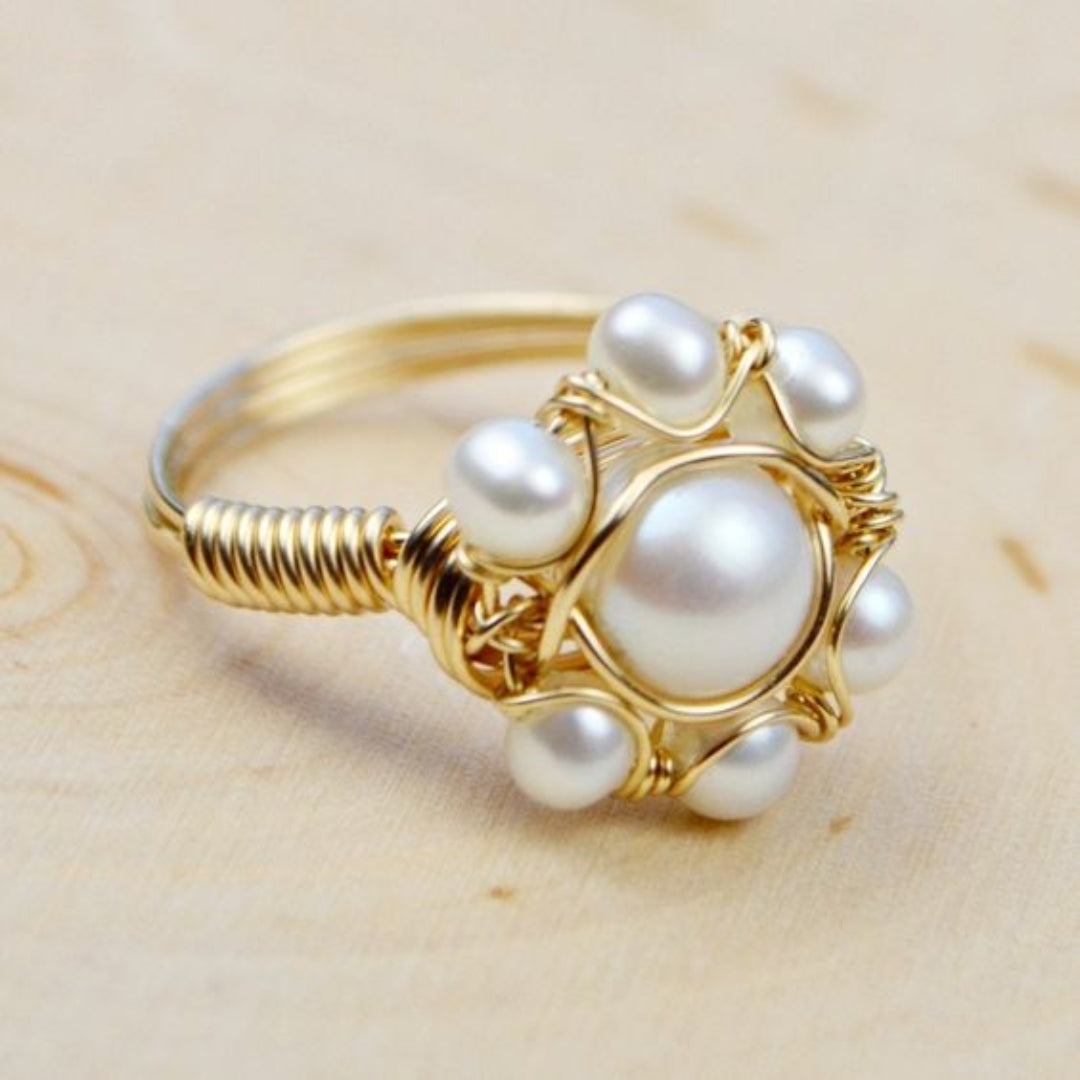 Vintage Inlaid Pearls Golden Ring