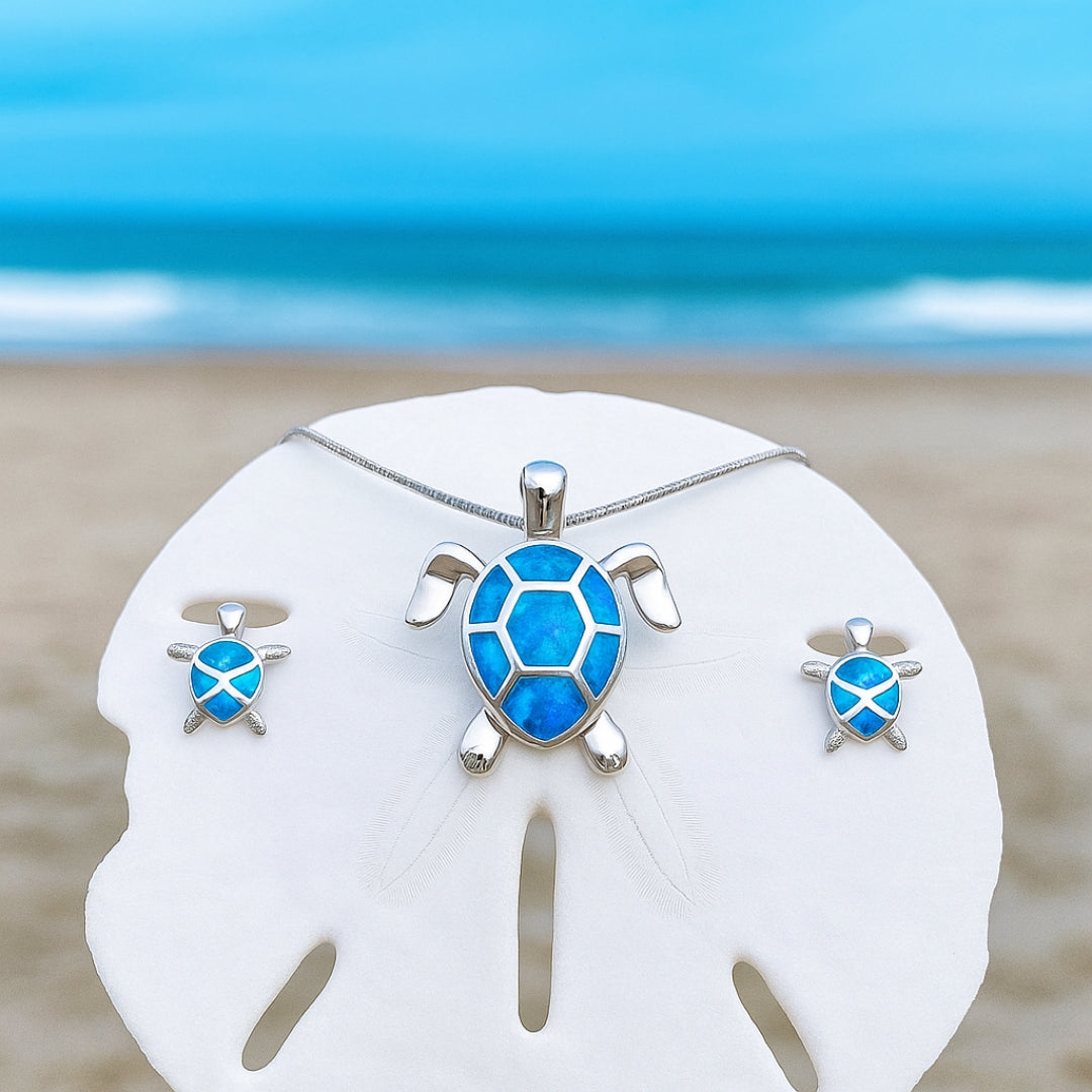 Sea Turtle Necklace + Earrings Set in Opal and Silver