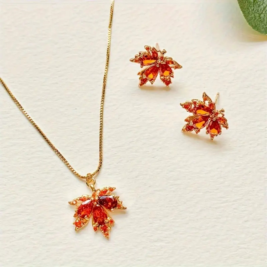 Orange Crystal Fall Leaf Necklace