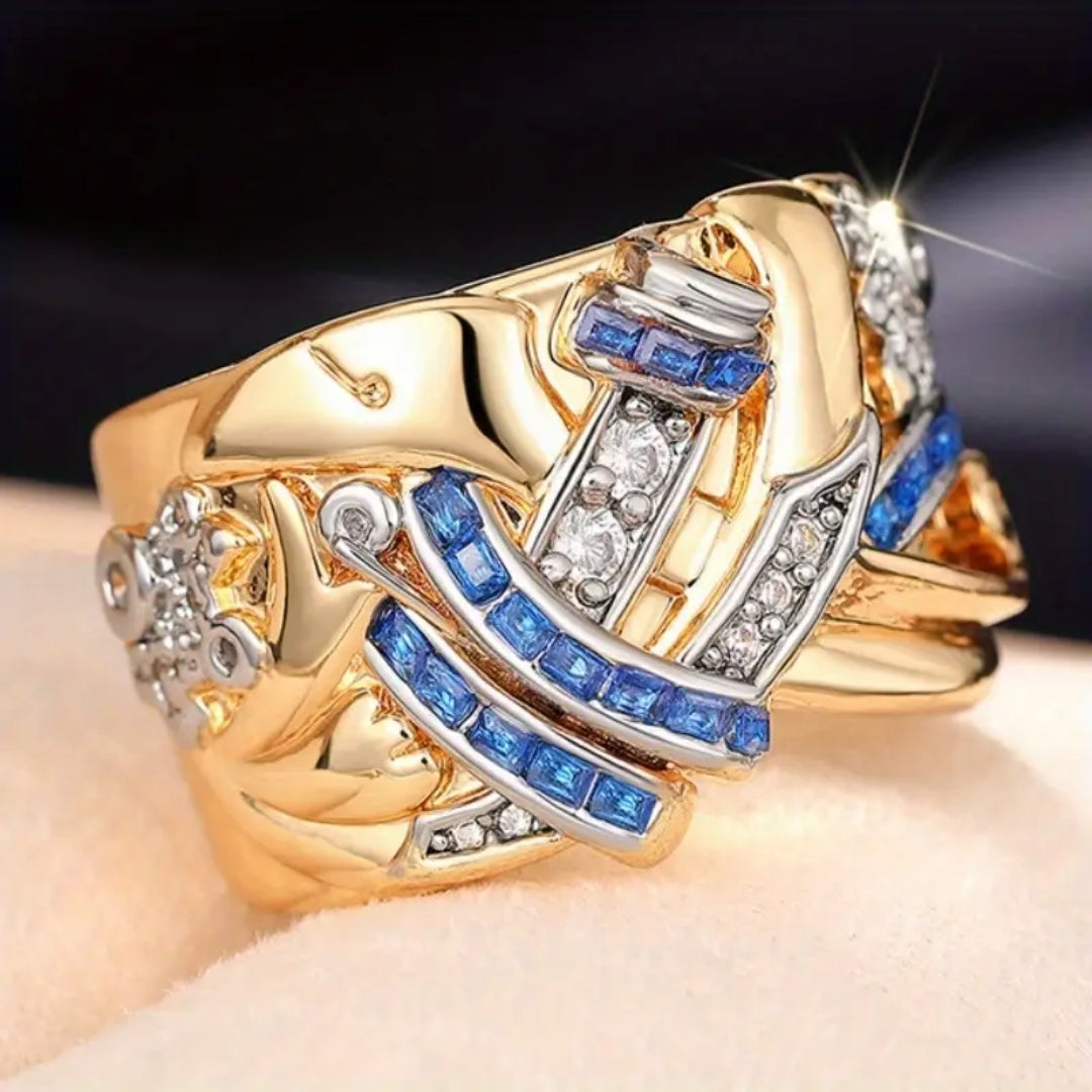 Irregular Blue & White Crystal Golden Ring