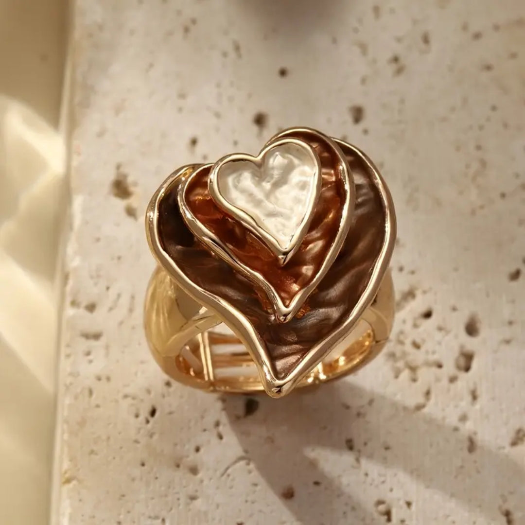 Brown Layered Hearts Gold Ring