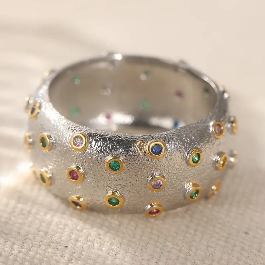 Multicolor Inlaid Zirconia Silvered Ring