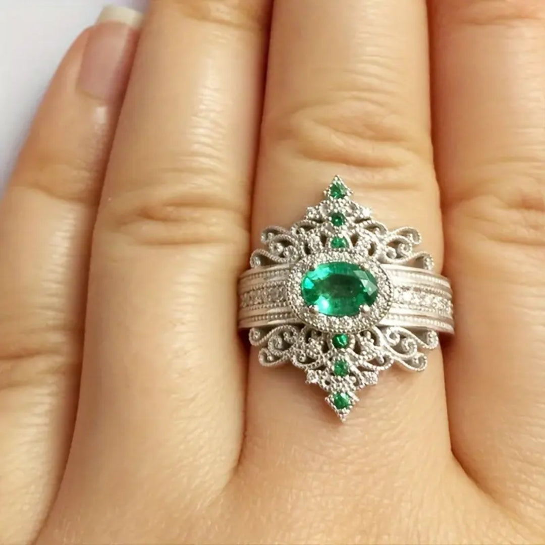 Green Zirconia Mandala Silvered Ring