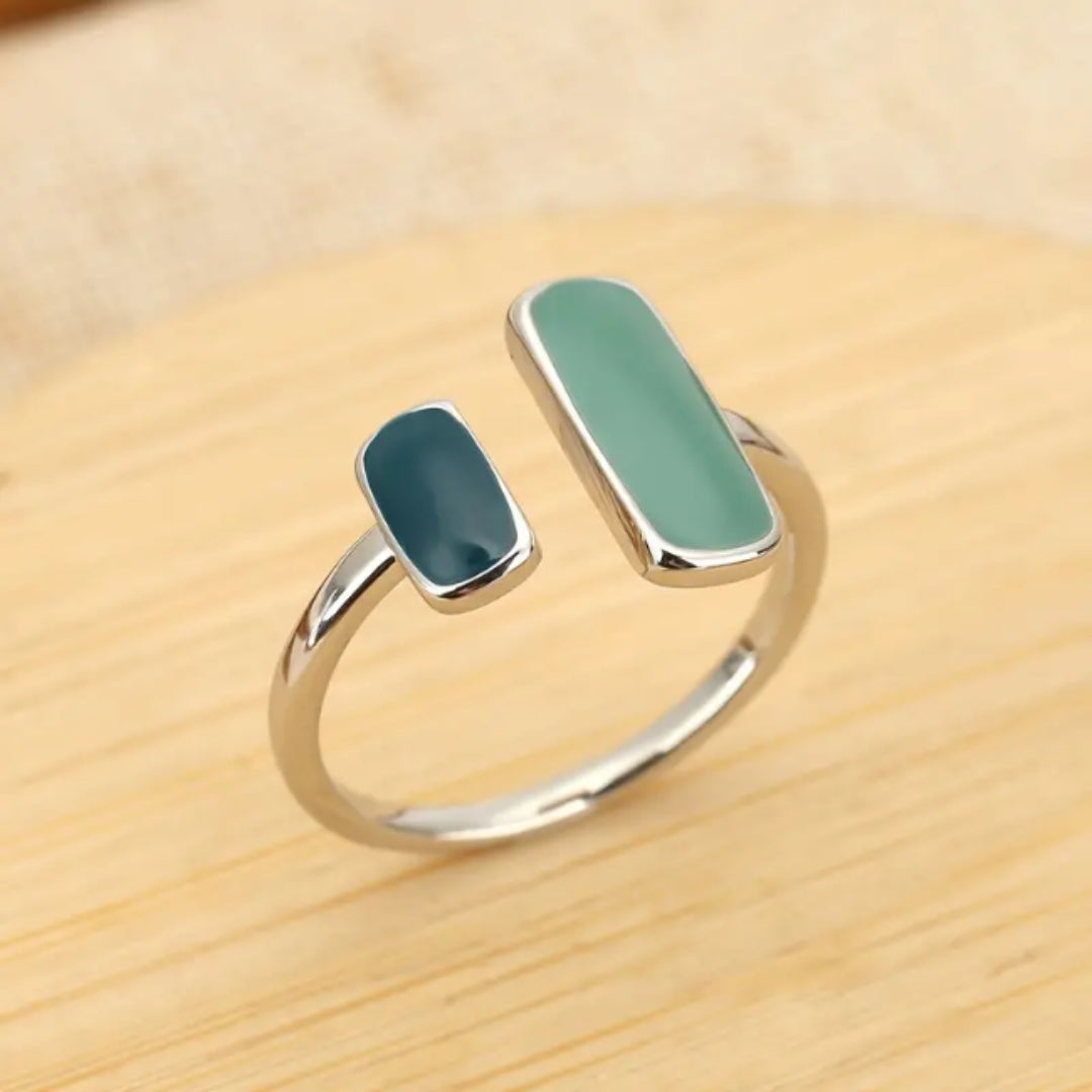 Adjustable Green Inlaid Stones Silver Ring