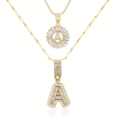 Pave letter initial necklace set | Gold