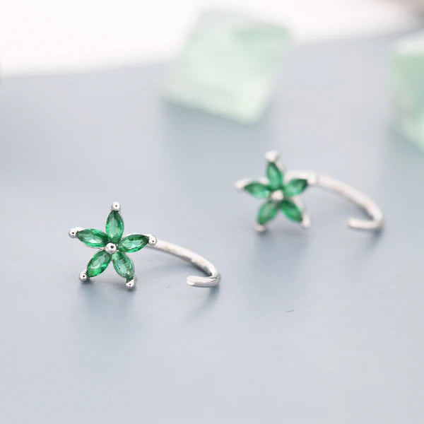 Emerald Green Flower Huggie Hoop Earrings