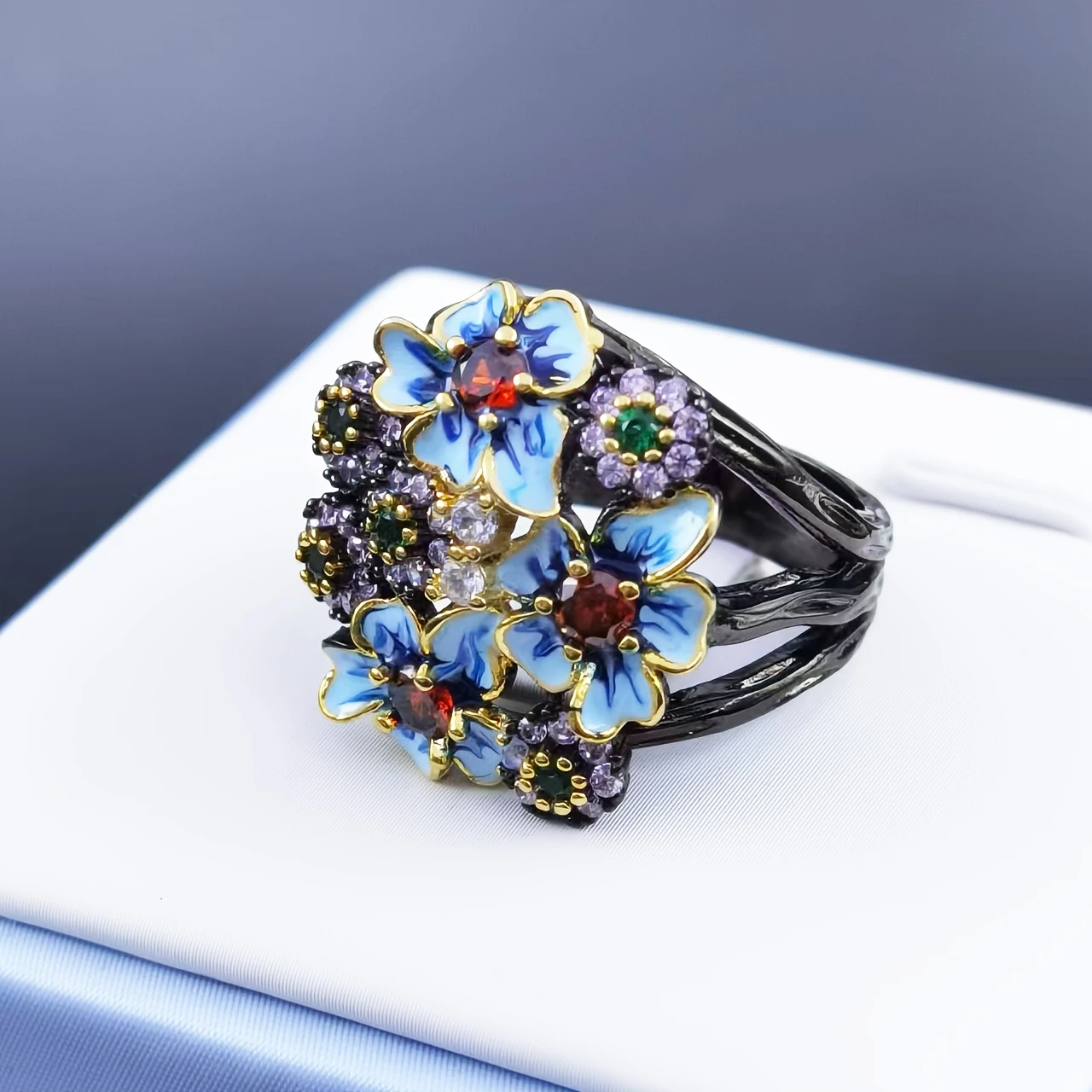 Enamel Silvered Blossom Ring