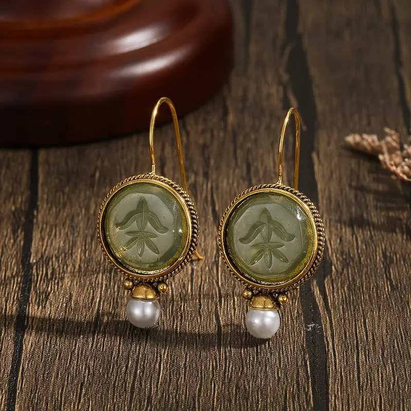 Vintage Rounded Green Stone Pearl Earrings