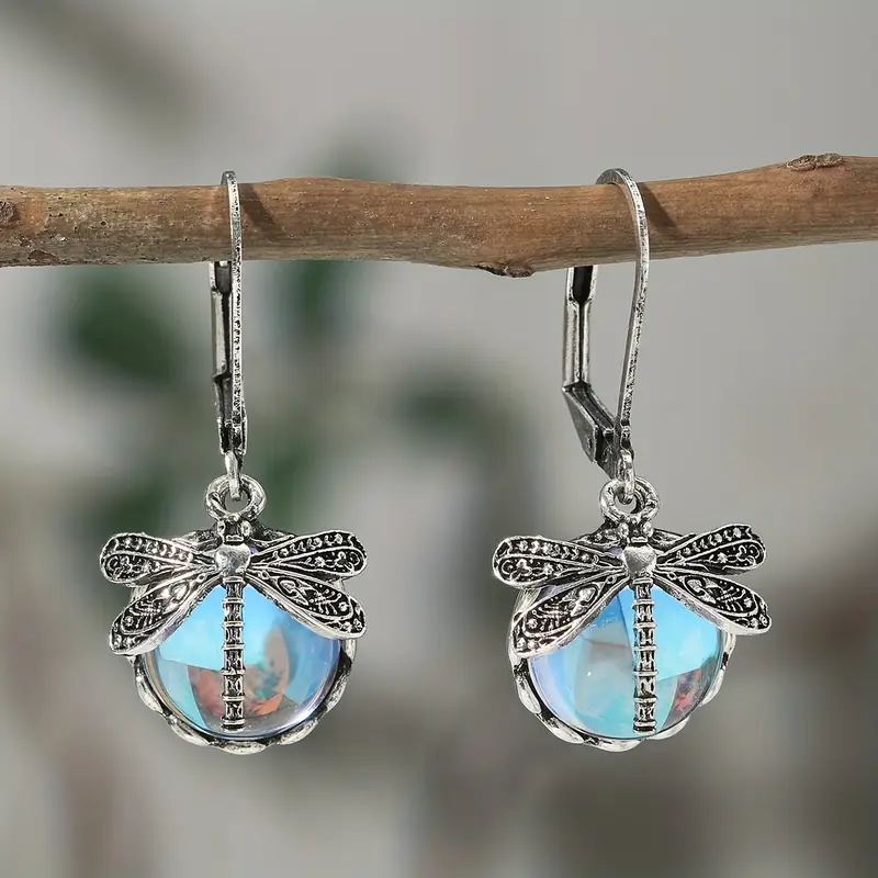 Blue Dragonfly Crystal Silver Earrings