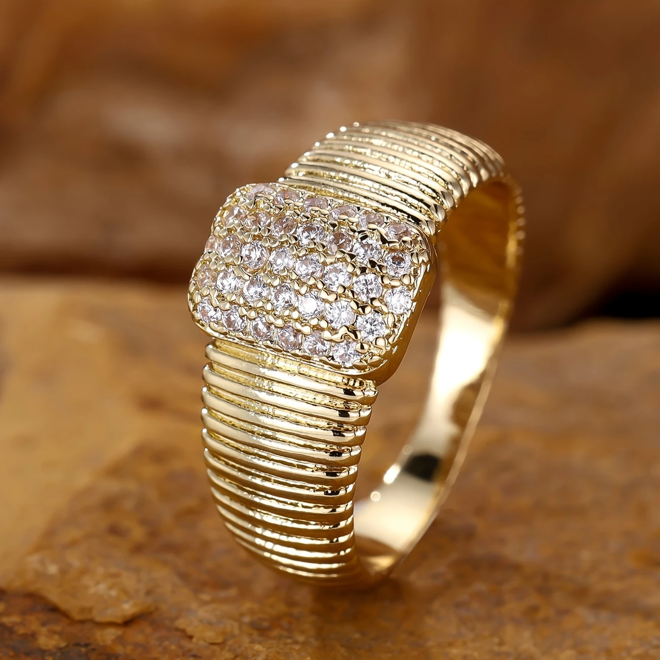 Bright Rectangular Gold Forged Ring – Amelia Jewelry