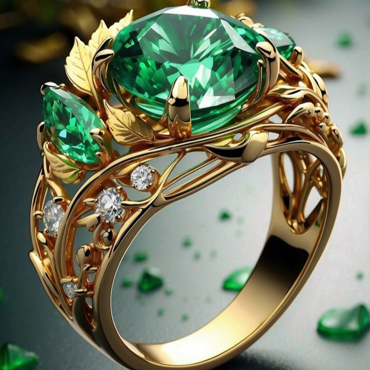 Exotic Bright Green Crystal Gold Ring