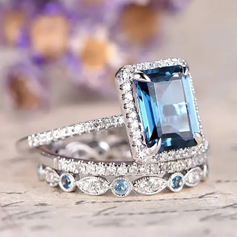 Blue Zirconia Silvered Ring Set