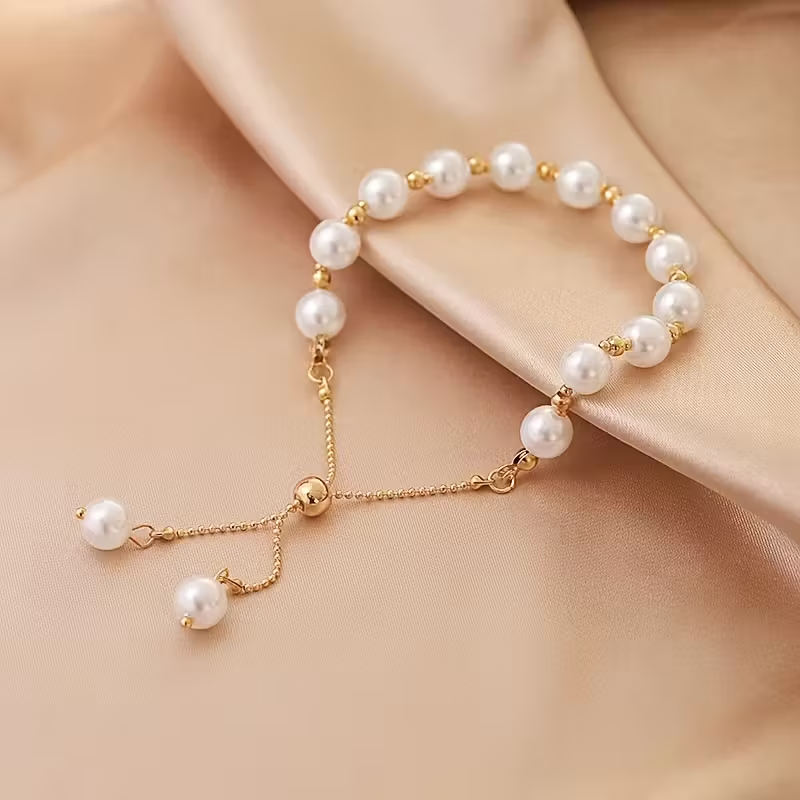 White Pearl Adjustable Gold Bracelet