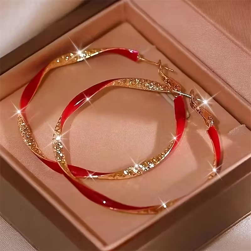 Red Zirconia Gold Hoop Earrings