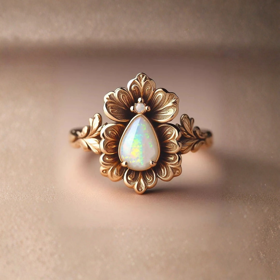 Exotic Opal Drop Floral Ring